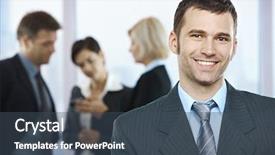  Presentation with coworkers - Amazing presentation having portrait of happy businessman with coworkers talking in the background backdrop and a ocean colored foreground