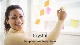  Presentation with creative writing - Beautiful slides featuring portrait of happy businesswoman writing on adhesive notes in creative office backdrop and a coral colored foreground