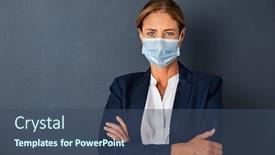  Presentation with face mask - Presentation design enhanced with portrait-of-happy-businesswoman background and a ocean colored foreground