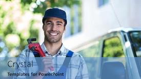  Presentation with pipe - Theme consisting of portrait of happy carpenter holding pipe wrench while standing by van background and a teal colored foreground