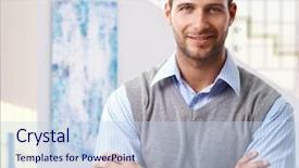  Presentation with interior designer - Cool new slide deck with portrait of happy casual caucasian interior designer at home smiling looking at camera arms crossed backdrop and a sky blue colored foreground