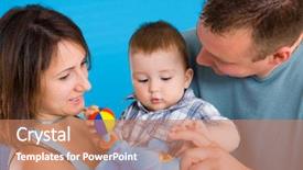  Presentation with portrait happy family smiling - PPT layouts featuring portrait of happy casual family baby boy 1 year old and young parents father and mother together against blue background smiling background and a coral colored foreground