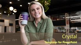  Presentation with social distancing - Slide deck enhanced with portrait-of-happy-caucasian-businesswoman background and a violet colored foreground