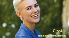  Presentation with happy life - PPT theme having portrait-of-happy-caucasian-woman background and a tawny brown colored foreground