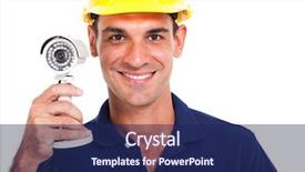  Presentation with cctv - Slide deck featuring portrait of happy cctv system background and a navy blue colored foreground