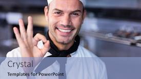  Presentation with commercial - Slide deck consisting of portrait of happy chef making ok sign in commercial kitchen background and a light blue colored foreground