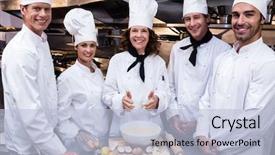  Presentation with team ministry - Amazing PPT theme having portrait of happy chefs team backdrop and a light blue colored foreground