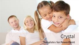  Presentation with children parents - PPT layouts enhanced with portrait of happy children in embrace with their parents behind background and a coral colored foreground