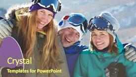  Presentation with company - Colorful slide set enhanced with portrait of happy company of guy and girls in googles laughing backdrop and a violet colored foreground