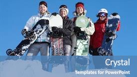  Presentation with company - Cool new presentation theme with portrait of happy company of guys and girl with snowboards backdrop and a teal colored foreground