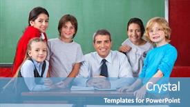 Presentation with happy sad masks - Presentation theme enhanced with portrait of happy confident mature male teacher with schoolchildren together at desk in classroom background and a teal colored foreground