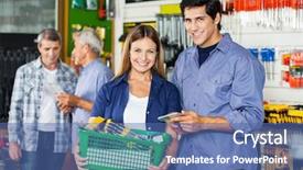 Presentation with customers - Theme featuring portrait of happy couple buying tools at hardware store with customers in background background and a ocean colored foreground