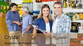  Presentation with hardware - Theme consisting of portrait of happy couple buying tool set in hardware store with people hand shaking in background background and a coral colored foreground