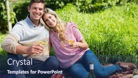  Presentation with picnic - Cool new slide set with portrait of happy couple holding wineglasses while relaxing on picnic blanket backdrop and a ocean colored foreground