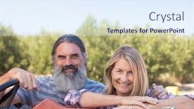  Presentation with olive - PPT theme consisting of portrait of happy couple standing near tractor in olive farm background and a sky blue colored foreground