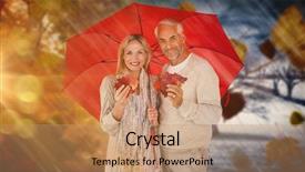  Presentation with under umbrella - Presentation design enhanced with portrait of happy couple under red umbrella against autumn turning to winter background and a coral colored foreground