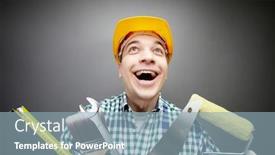  Presentation with craftsman - Presentation design with portrait of happy craftsman with different tools in hands background and a light blue colored foreground