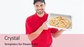  Presentation with pizza delivery - Audience pleasing presentation theme consisting of portrait of happy delivery man showing fresh pizza on white background backdrop and a red colored foreground