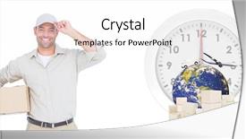  Presentation with logistics - Colorful presentation design enhanced with portrait of happy delivery man backdrop and a  colored foreground