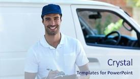  Presentation with delivery van - Slide set enhanced with portrait of happy delivery man background and a sky blue colored foreground