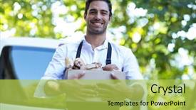  Presentation with delivery van - Presentation theme with portrait of happy delivery person carrying package against van background and a yellow colored foreground