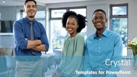  Presentation with diverse business people - Presentation theme having portrait-of-happy-diverse-business background and a teal colored foreground