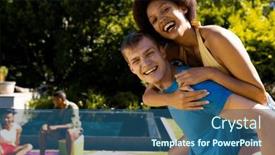  Presentation with party time - PPT theme featuring portrait-of-happy-diverse-couple background and a ocean colored foreground