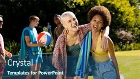  Presentation with party time - Slides enhanced with portrait-of-happy-diverse-female background and a ocean colored foreground