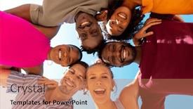  Presentation with space time - PPT theme enhanced with portrait-of-happy-diverse-friends background and a coral colored foreground