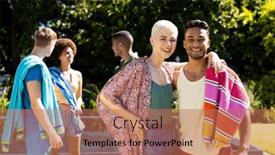  Presentation with party time - Slide deck having portrait-of-happy-diverse-friends background and a coral colored foreground