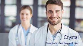  Presentation with notepad - PPT theme enhanced with portrait of happy doctors standing background and a sky blue colored foreground