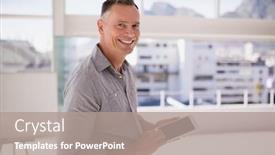  Presentation with executive - Audience pleasing slide set consisting of portrait-of-happy-executive-using backdrop and a coral colored foreground