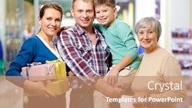  Presentation with family shopping - Colorful PPT theme enhanced with portrait of happy family looking at camera after shopping backdrop and a coral colored foreground
