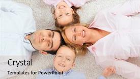  Presentation with portrait happy family smiling - Slide set featuring portrait of happy family lying on carpet with their heads close together smiling background and a coral colored foreground