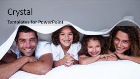  Presentation with follow up family - Amazing PPT layouts having portrait of happy family lying under a bedsheet at home backdrop and a light gray colored foreground