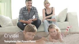  Presentation with living room family - Slide set consisting of portrait of happy family sitting together in living room background and a coral colored foreground