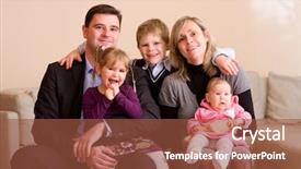  Presentation with portrait happy family smiling - PPT theme with portrait of happy family sitting background and a tawny brown colored foreground