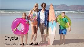 Presentation with family day - Amazing presentation design having portrait of happy family standing at beach during sunny day backdrop and a coral colored foreground