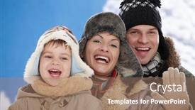  Presentation with portrait happy family smiling - Presentation theme enhanced with portrait of happy family together outdoor in snow on a cold winter day laughing smiling background and a coral colored foreground
