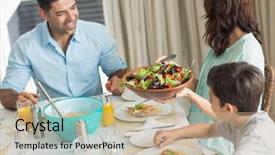  Presentation with dining table - Slide set enhanced with portrait of happy family of three sitting at dining table in the home background and a coral colored foreground