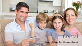  Presentation with family shopping - Slide deck enhanced with portrait of happy family of four shopping online in house background and a coral colored foreground