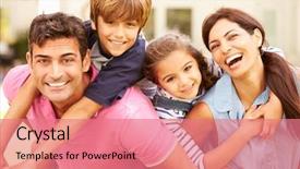  Presentation with home garden - Presentation enhanced with portrait of happy family background and a coral colored foreground