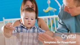 Presentation with young children playing - Presentation design with portrait of happy family at home baby boy 1 year old and young parents father and mother sitting on floor and playing together at children's room smiling background and a coral colored foreground