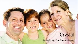  Presentation with portrait happy family smiling - Audience pleasing PPT theme consisting of portrait of happy family of four hugging and smiling backdrop and a lemonade colored foreground