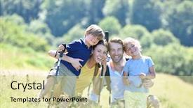  Presentation with mountain hiking - Amazing slide deck having portrait of happy family on a hiking day in the mountain backdrop and a soft green colored foreground