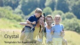  Presentation with mountain hiking - PPT theme consisting of portrait of happy family on a hiking day in the mountain background and a soft green colored foreground