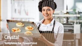  Presentation with commercial - Theme featuring portrait of happy female chef holding small pizzas on baking sheet in commercial kitchen background and a coral colored foreground