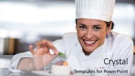  Presentation with chef - Amazing PPT layouts having portrait of happy female chef backdrop and a sky blue colored foreground
