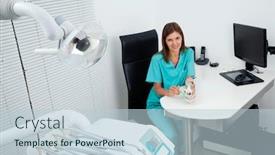  Presentation with dentist - PPT theme featuring portrait of happy female dentist explains how to brush your teeth at desk background and a lemonade colored foreground