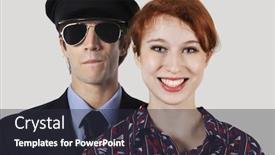  Presentation with flight attendant - Beautiful slide deck featuring portrait of happy female flight attendant and pilot against gray background backdrop and a dark gray colored foreground